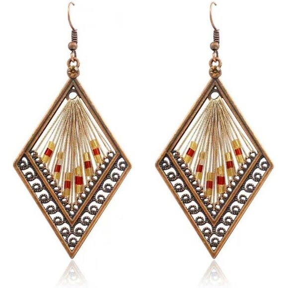 Diamond Shaped Brown Gold Boho Dangle Statement Vintage Dainty Earring for Women - Picture 1 of 9
